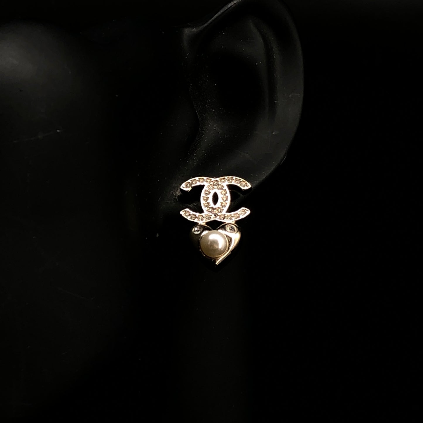 Chanel Crystal CC Logo Pearl Drop Earrings Gold Color
