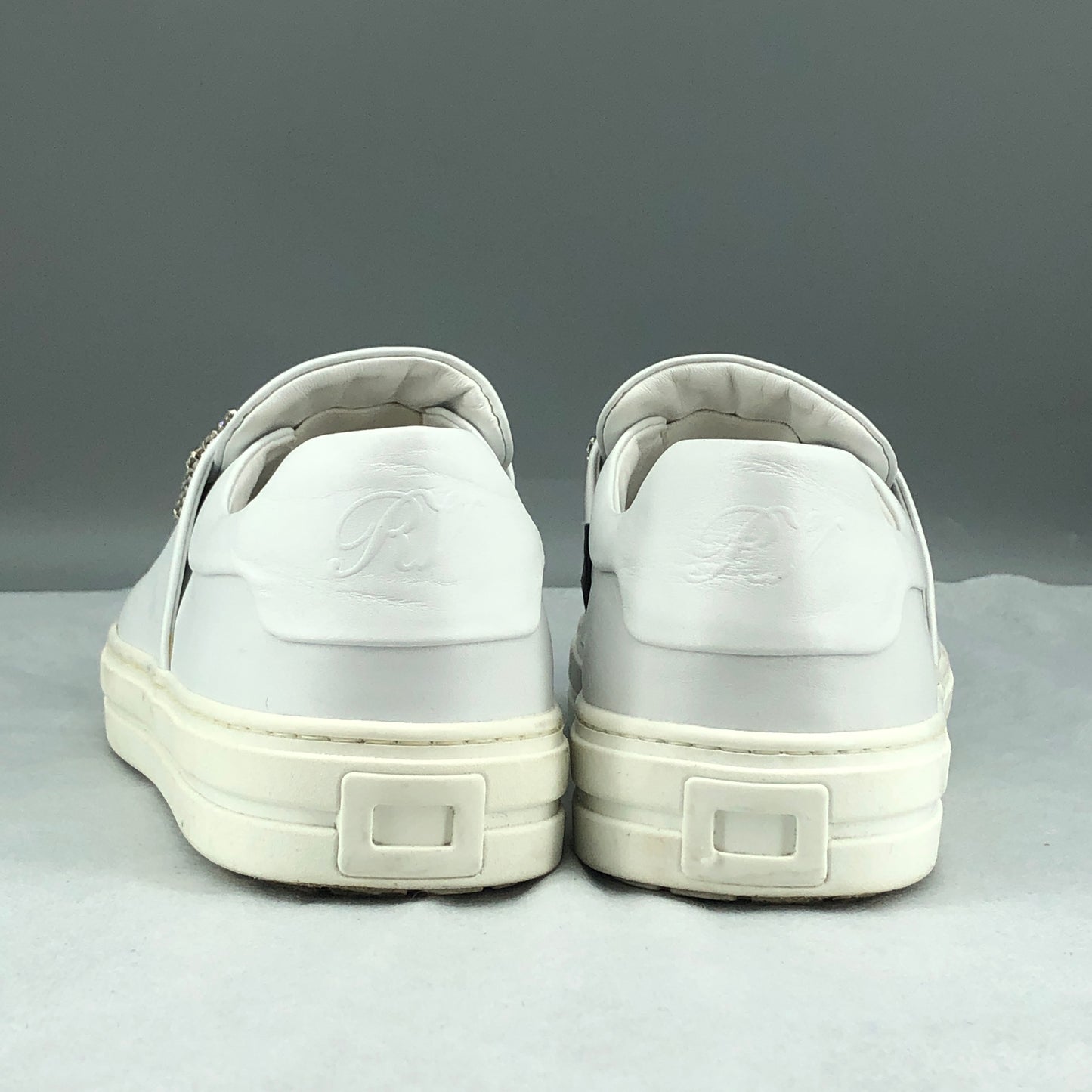 Roger Vivier White Calfskin Crystal Square Buckle Platform Slip-On Sneakers 37