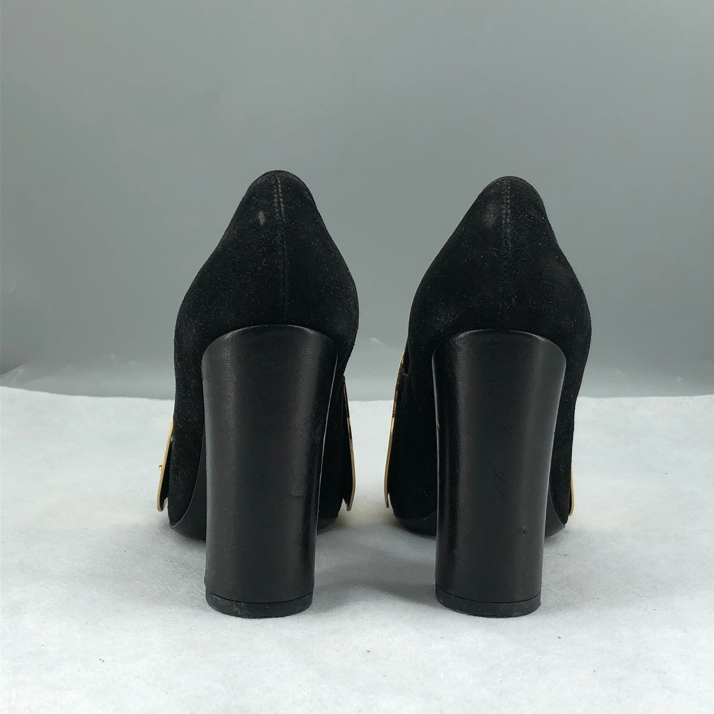 Saint Laurent Black Suede & Gold Metallic Cap Toe Block Heel Pumps 35