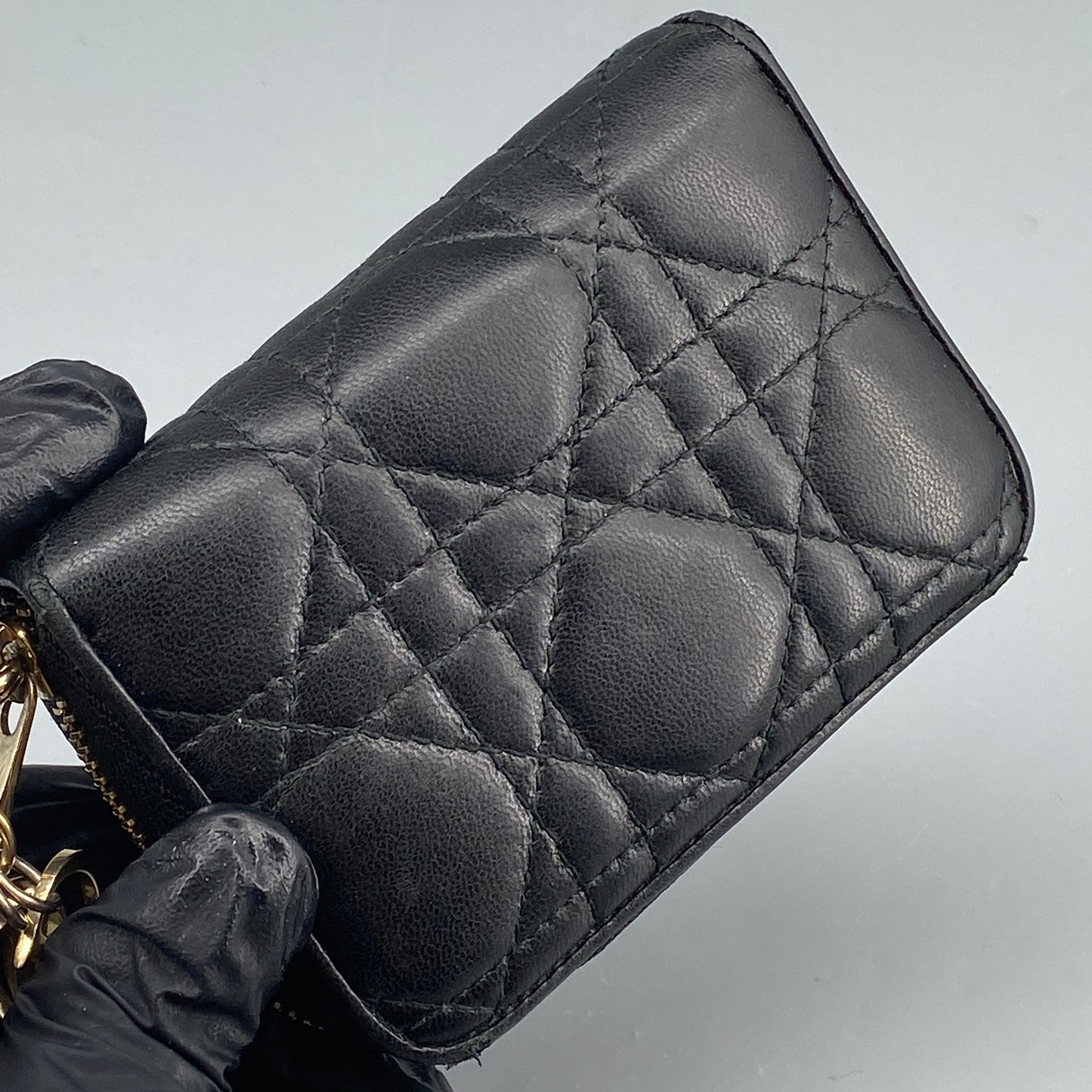 Christian Dior Black Cannage Quilted Zip‑Around Card Wallet