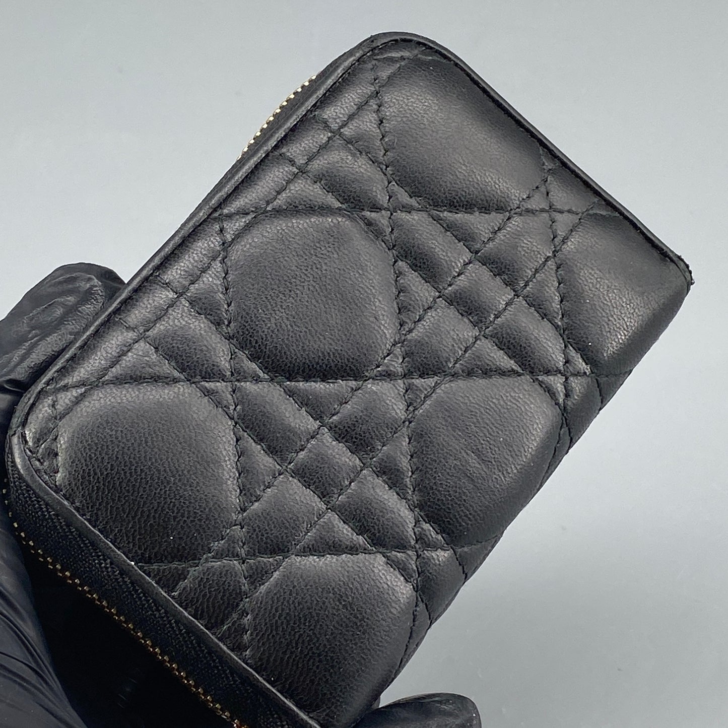 Christian Dior Black Cannage Quilted Zip‑Around Card Wallet