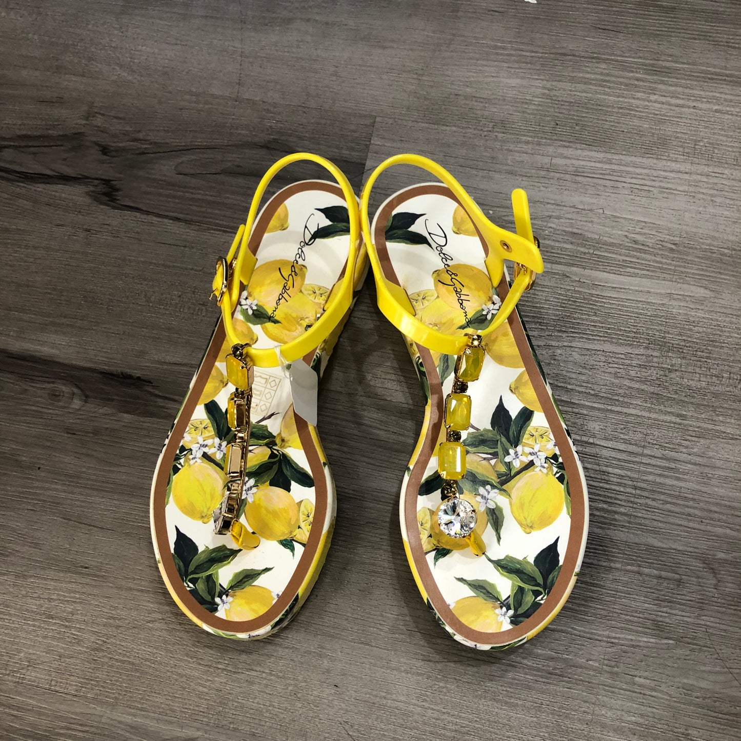 Dolce & Gabbana Women's Lemon Print Platform Ankle Strap Sandals Size 37 Yellow White Green