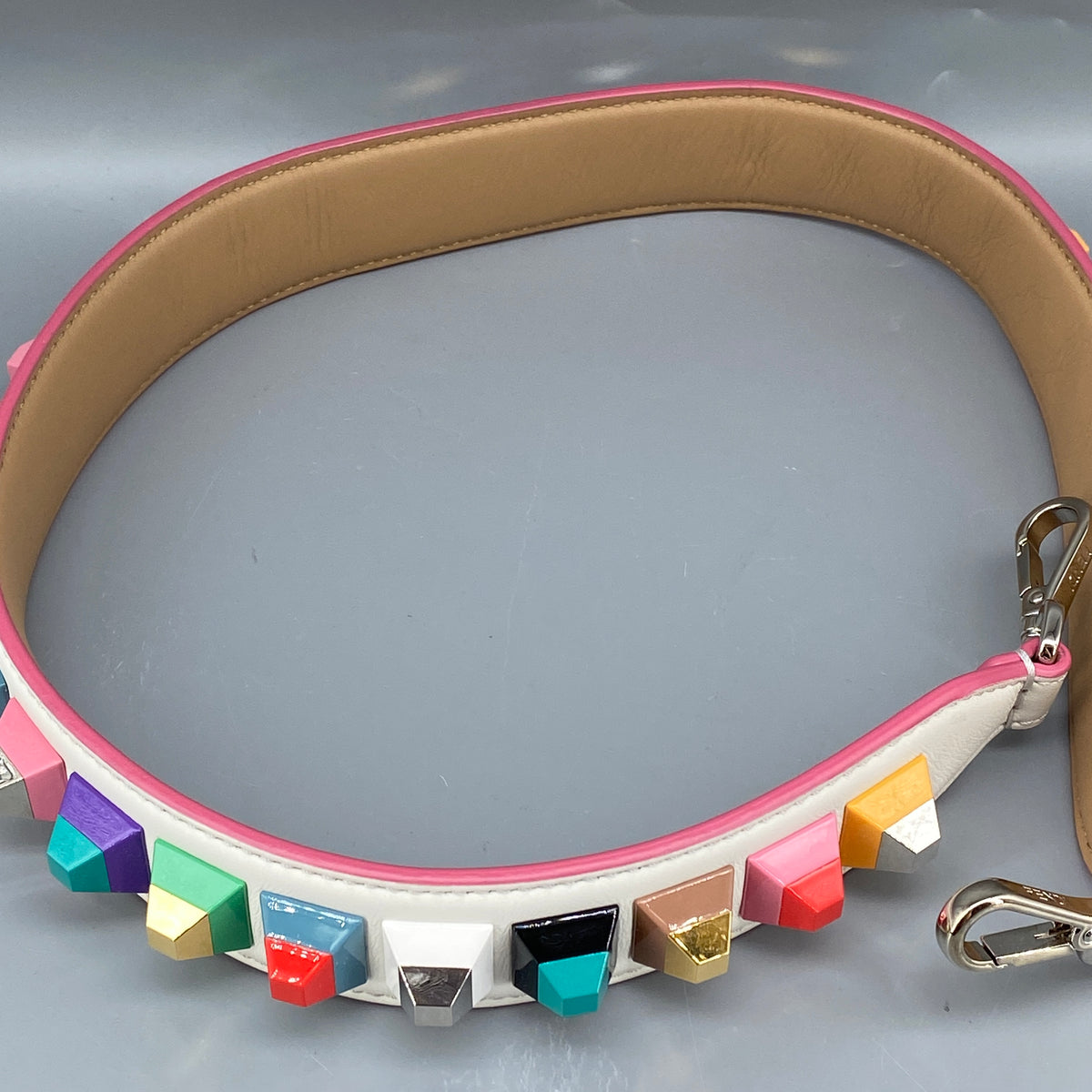 FENDI White Leather and Multicolor Plexiglas Studs Strap You Shoulder Strap
