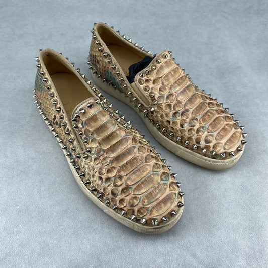 Christian Louboutin Women's Nude Beige Croc Embossed Spiked Slip On Sneakers Size 37