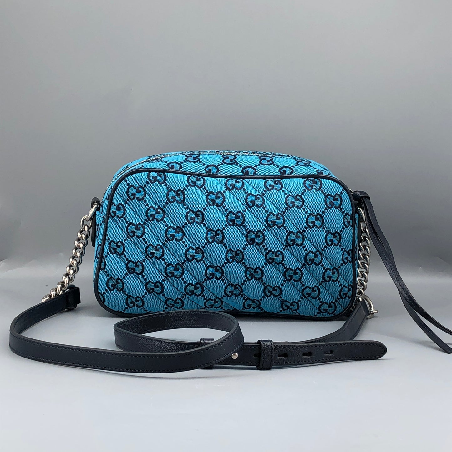 Gucci GG Marmont Small Camera Bag in Blue Diagonal Quilted Canvas