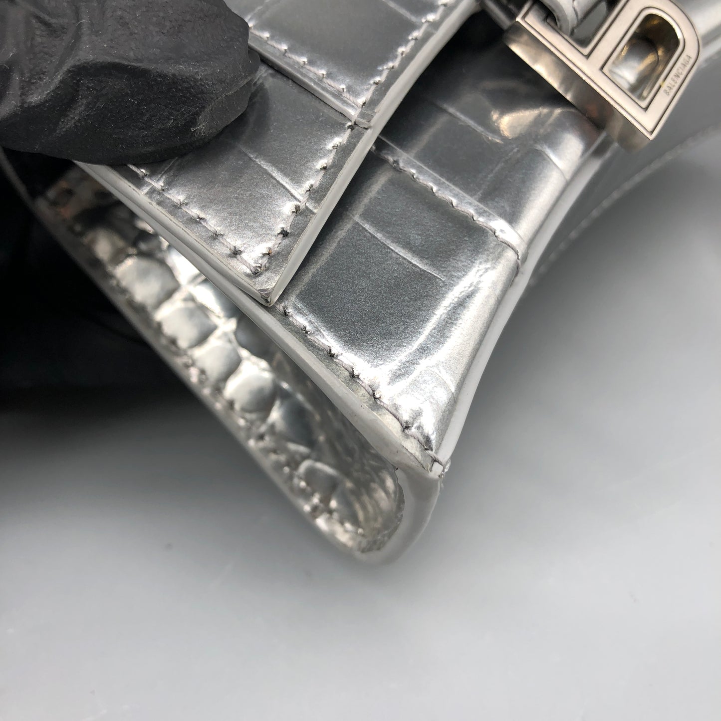 Balenciaga Silver Croc Embossed micro Hourglass Top Handle Bag