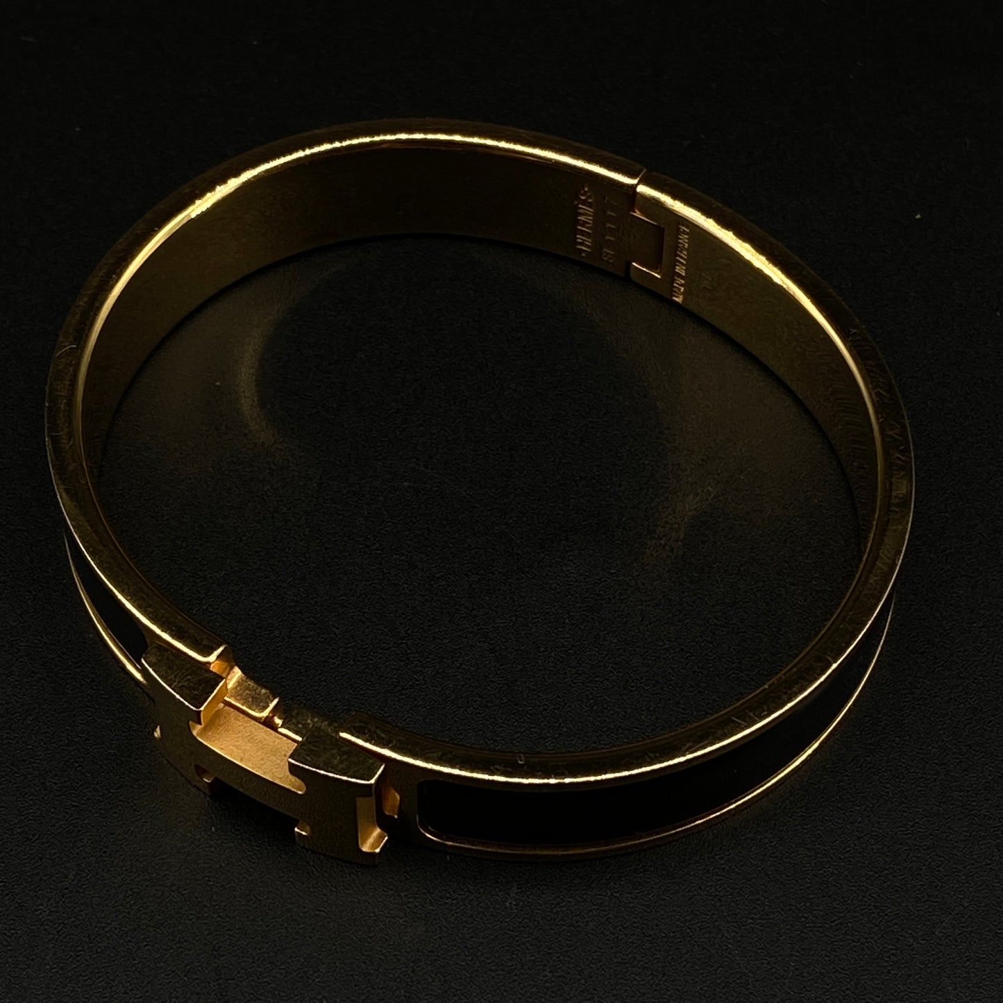 Hermes Black Enamel Gold H Buckle Bangle Bracelet