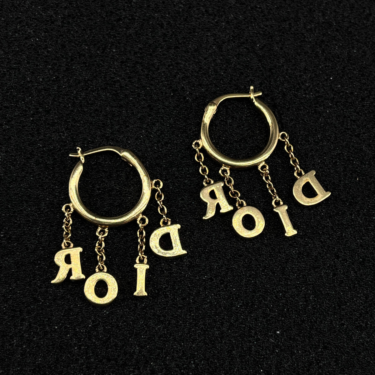 Christian Dior Gold Tone Crystal Letter Hoop Earrings