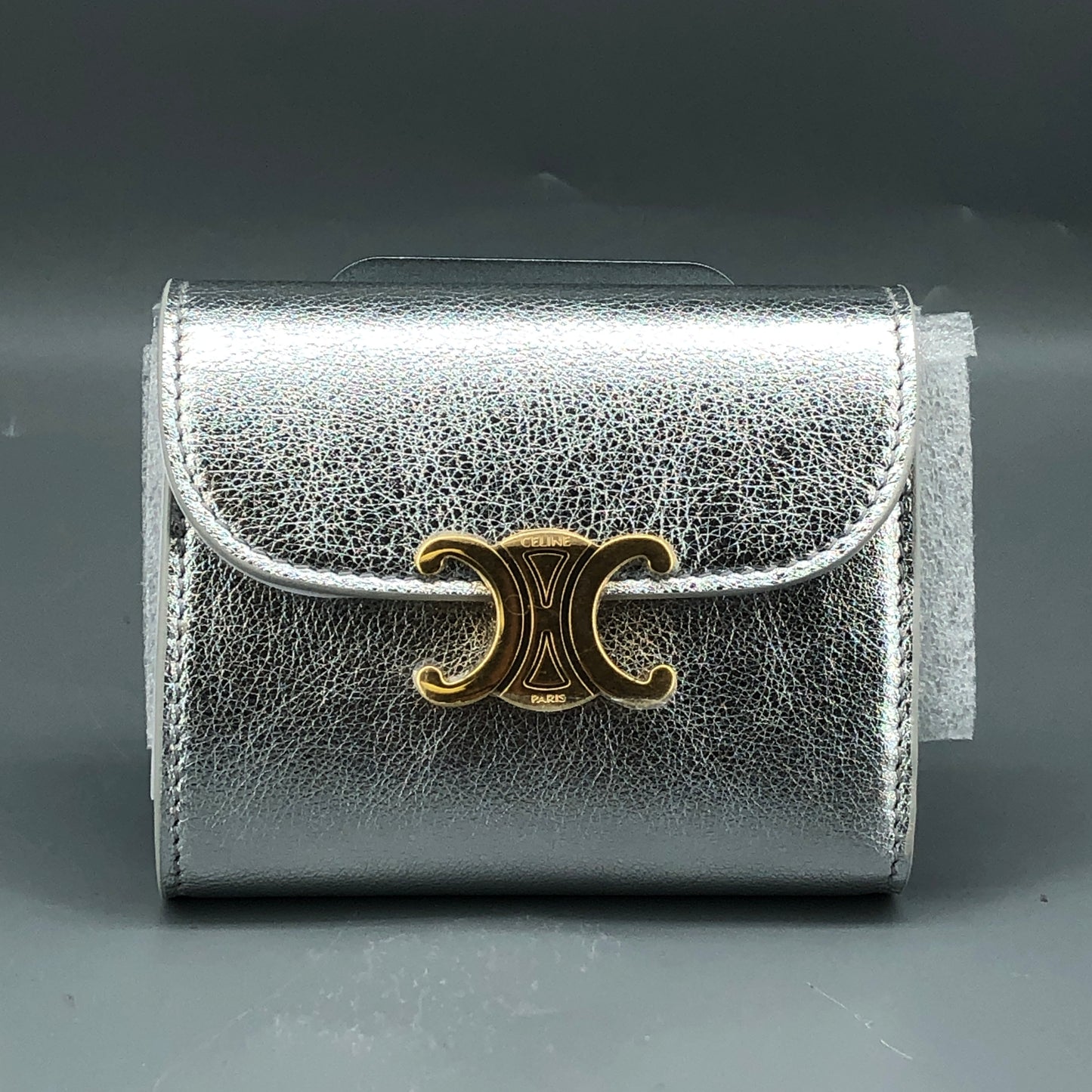 Celine Triomphe Silver Metallic Leather Trifold Wallet