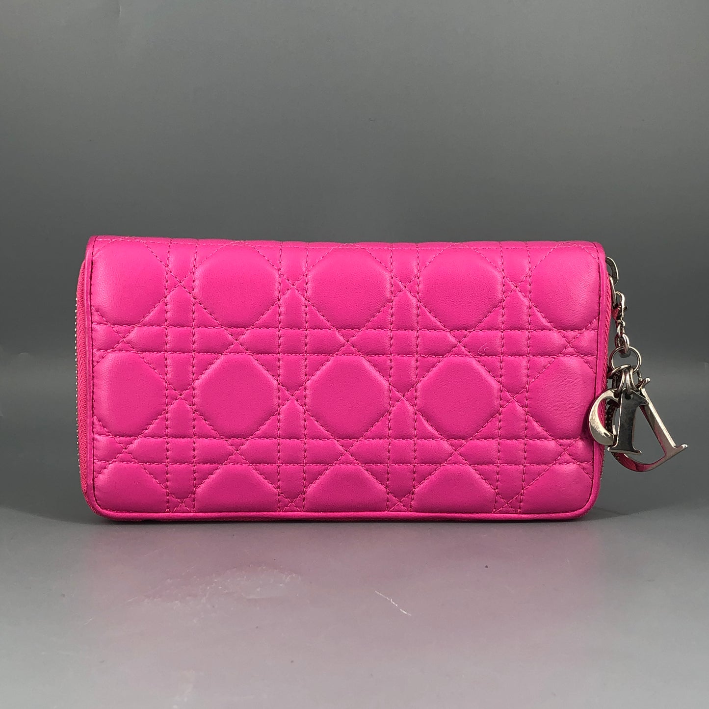 Christian Dior Cannage Quilted Leather Long Zip Around Wallet Hot Pink