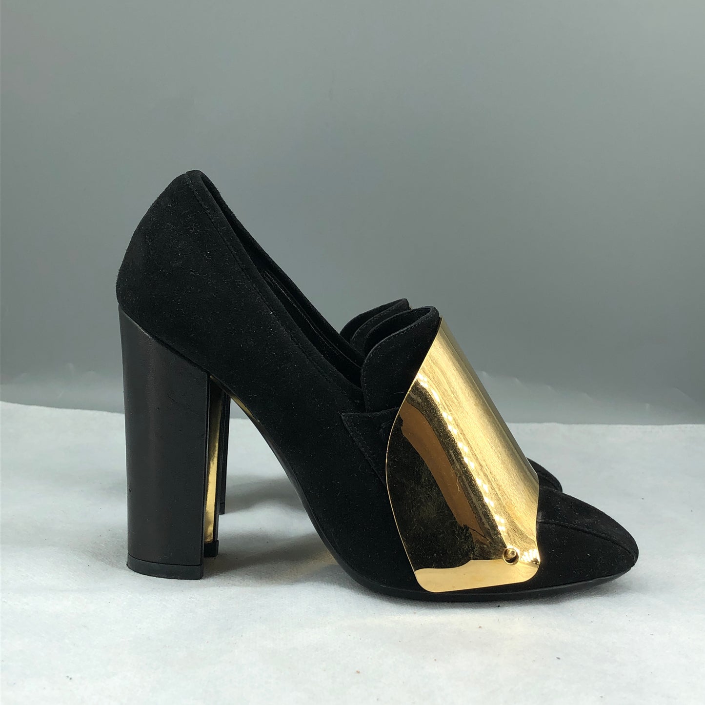 Saint Laurent Black Suede & Gold Metallic Cap Toe Block Heel Pumps 35