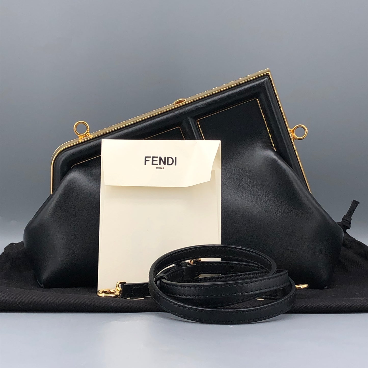 Fendi First Smooth Calfskin Clutch Crossbody Bag  Black