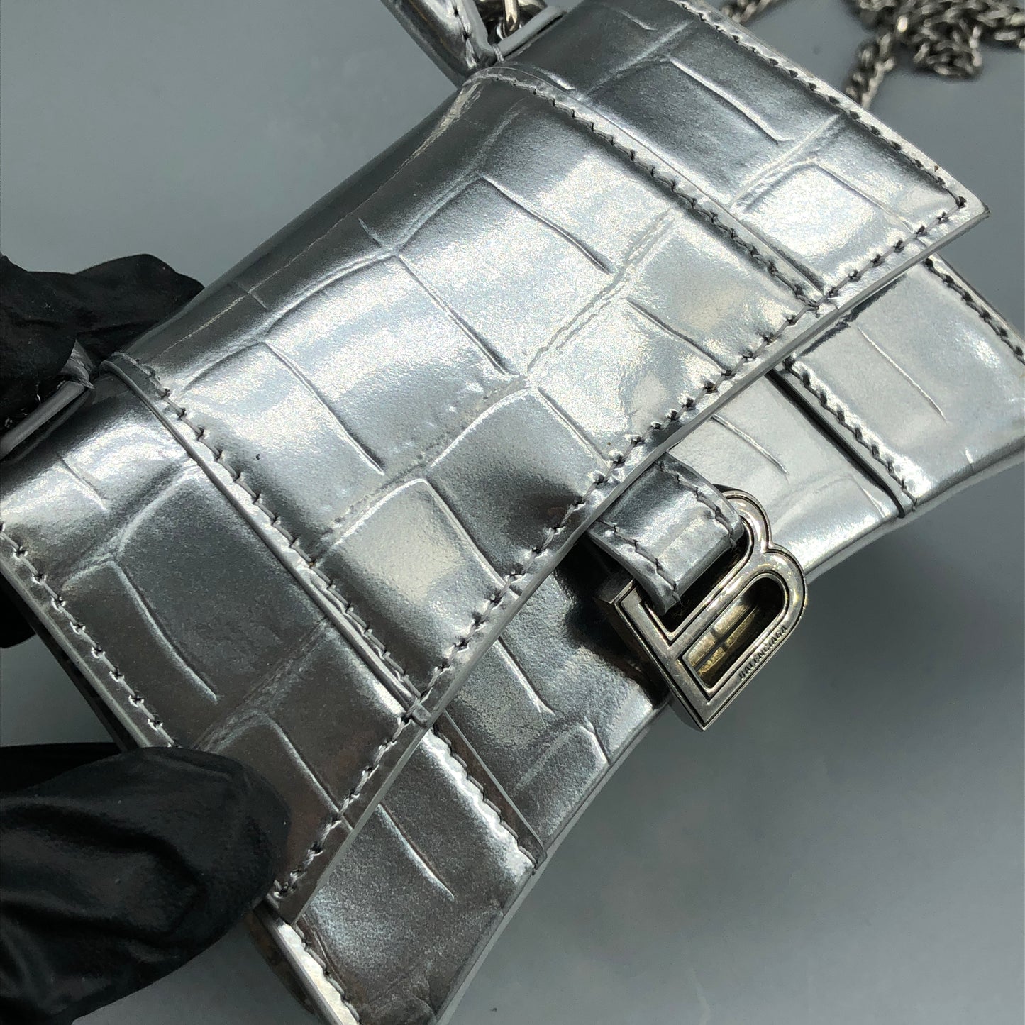 Balenciaga Silver Croc Embossed micro Hourglass Top Handle Bag