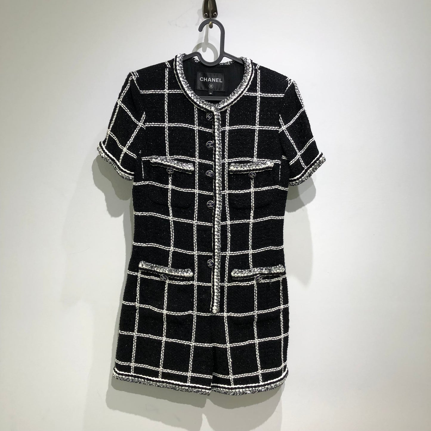 Chanel Short Sleeve Grid Tweed Dress in Black & White (Size 34)