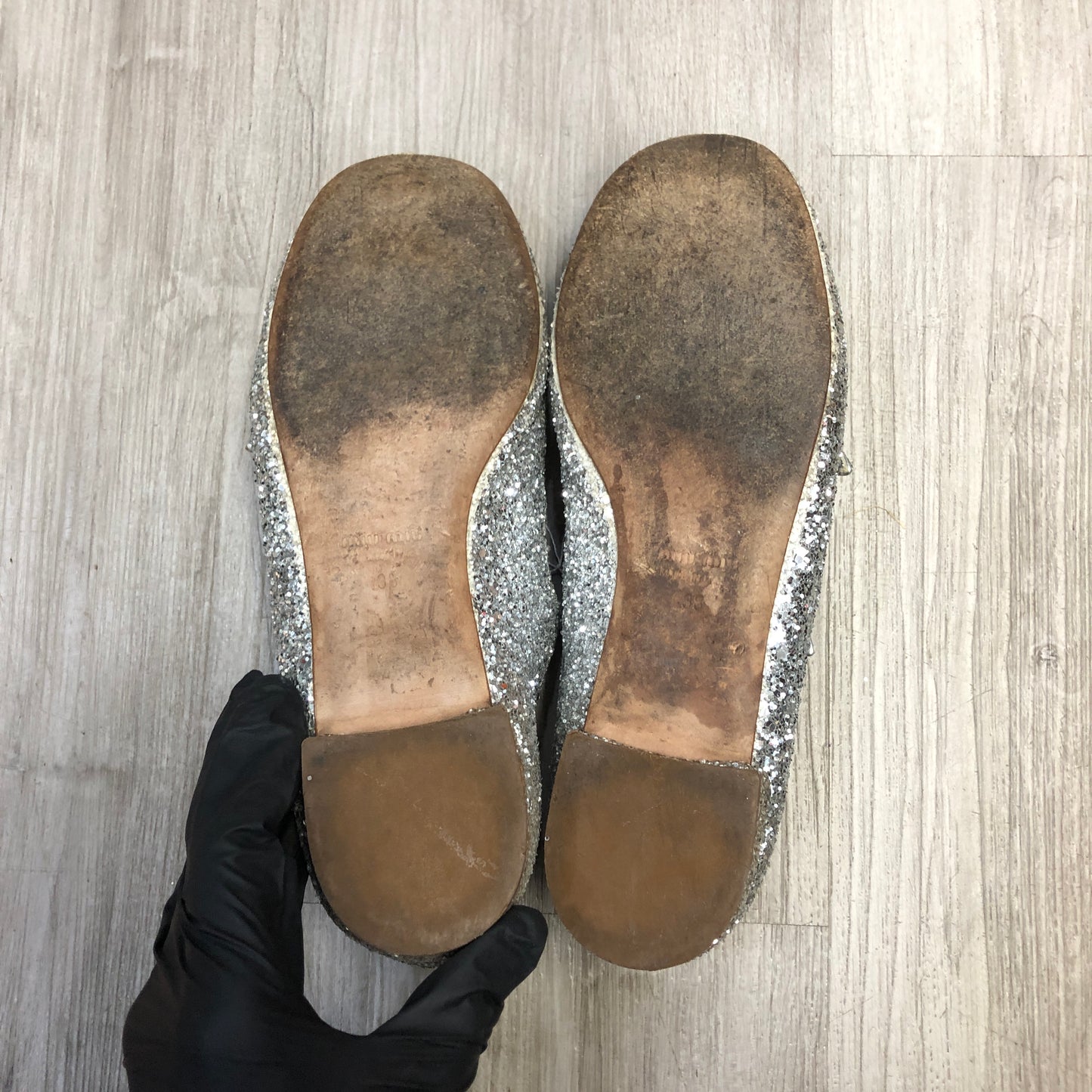 Miu Miu Women's Glitter Mary Jane Ballerina Shoes Size 38 Silver
