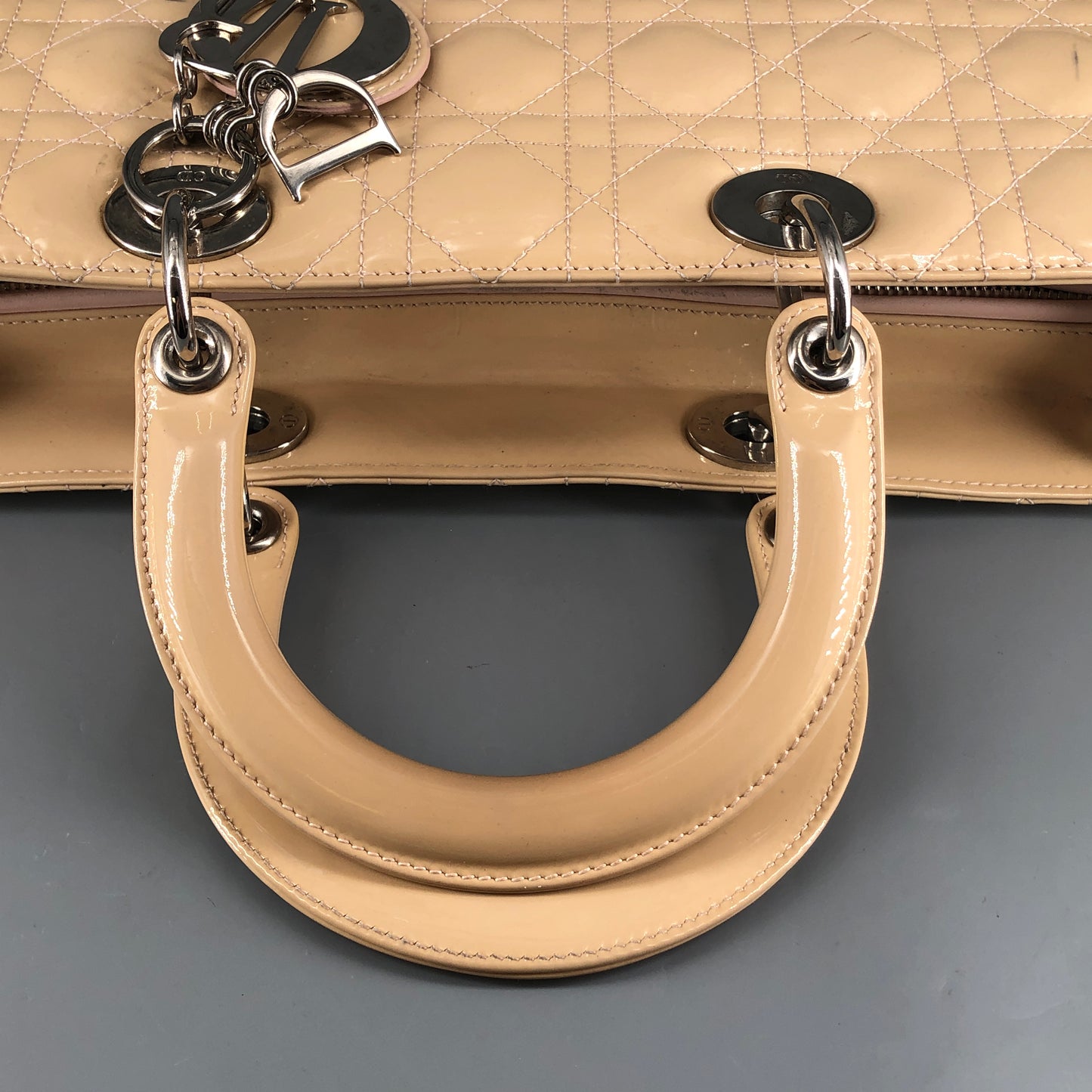 Christian Dior Lady Dior Large Cannage Patent Leather Handbag Nude