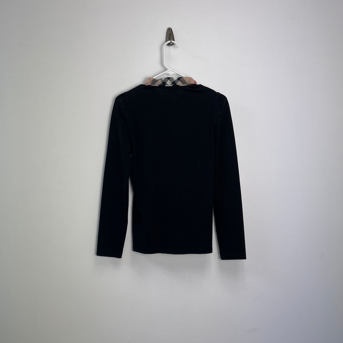 Burberry Black Long Sleeve Polo Shirt Check Ruffle Colla Size M