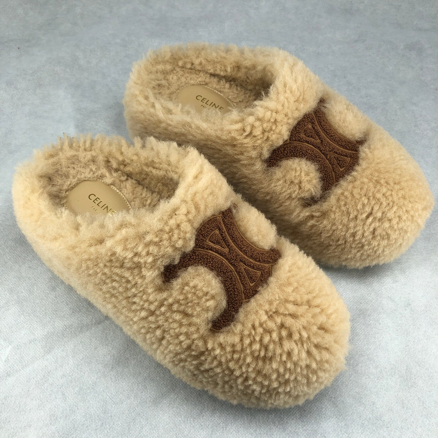Celine Women's Triomphe Shearling Slide Mules Size 37 Beige