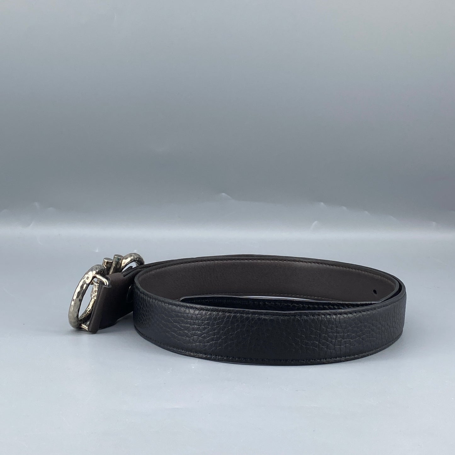 Ferragamo Black Leather Double Gancini Buckle Belt 95cm