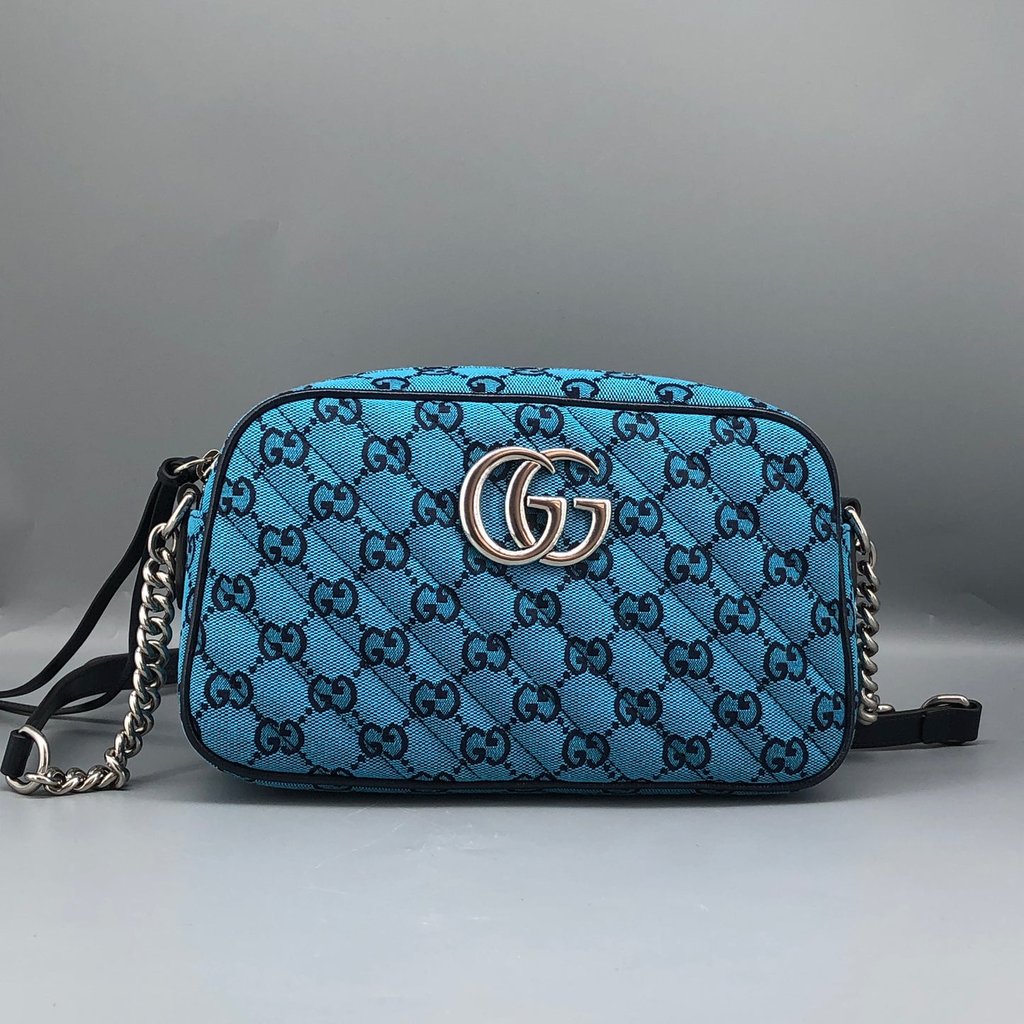Gucci GG Marmont Small Camera Bag in Blue Diagonal Quilted Canvas