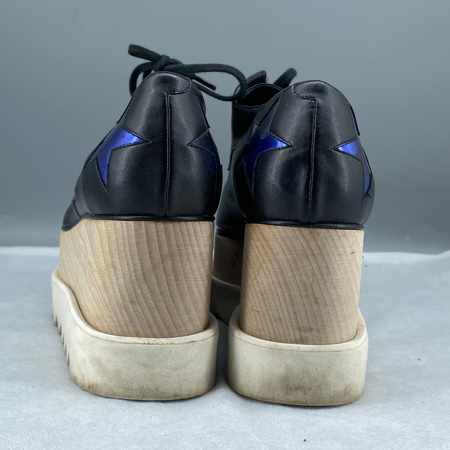 Stella McCartney Women's  Black Eco Leather Blue Star Appliqué Lace-Up Serrated Platform Brogues Size 36.5