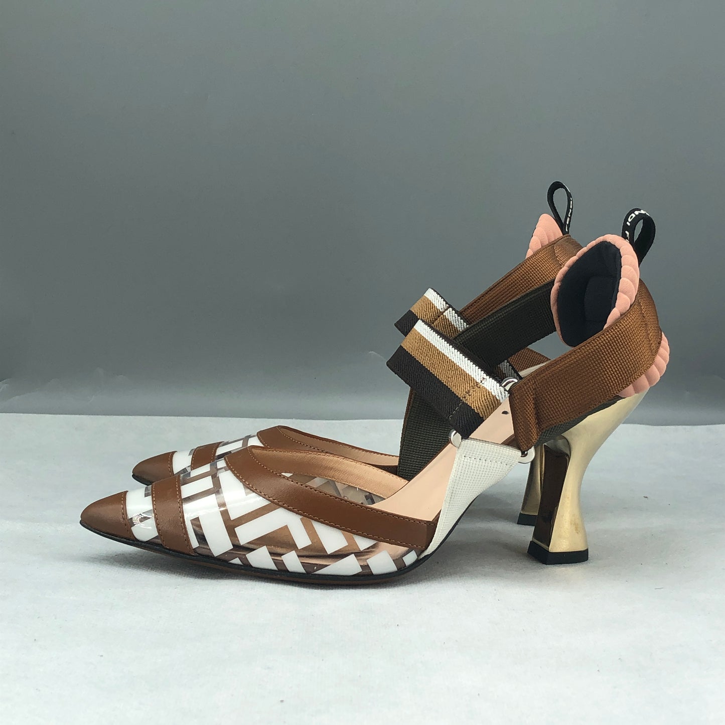 Fendi Logo Strap Pointed Toe Heels Size 36.5 Women Brown
