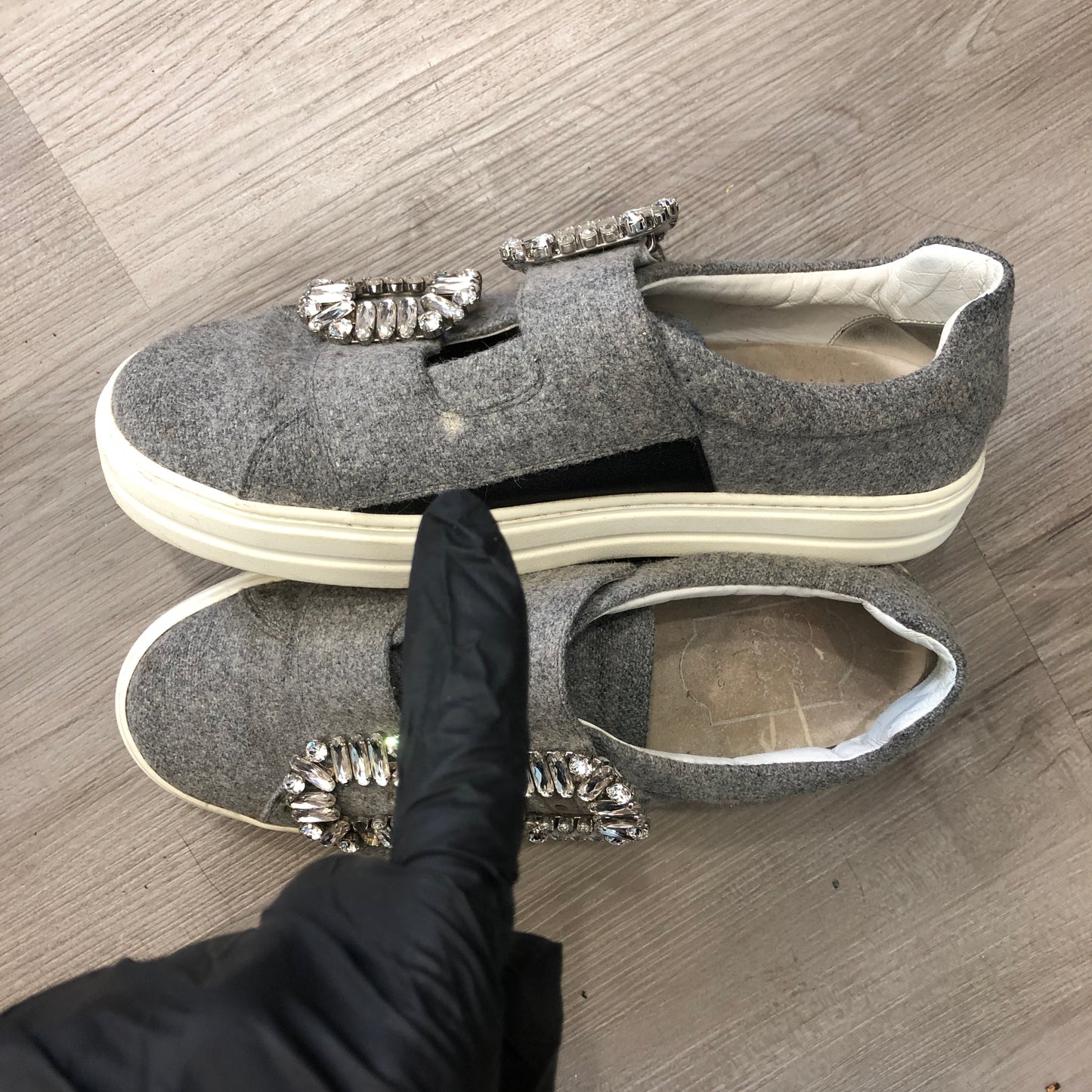 Roger Vivier Women's Grey Fabric Crystal Buckle Slip-On Sneakers shoes 36