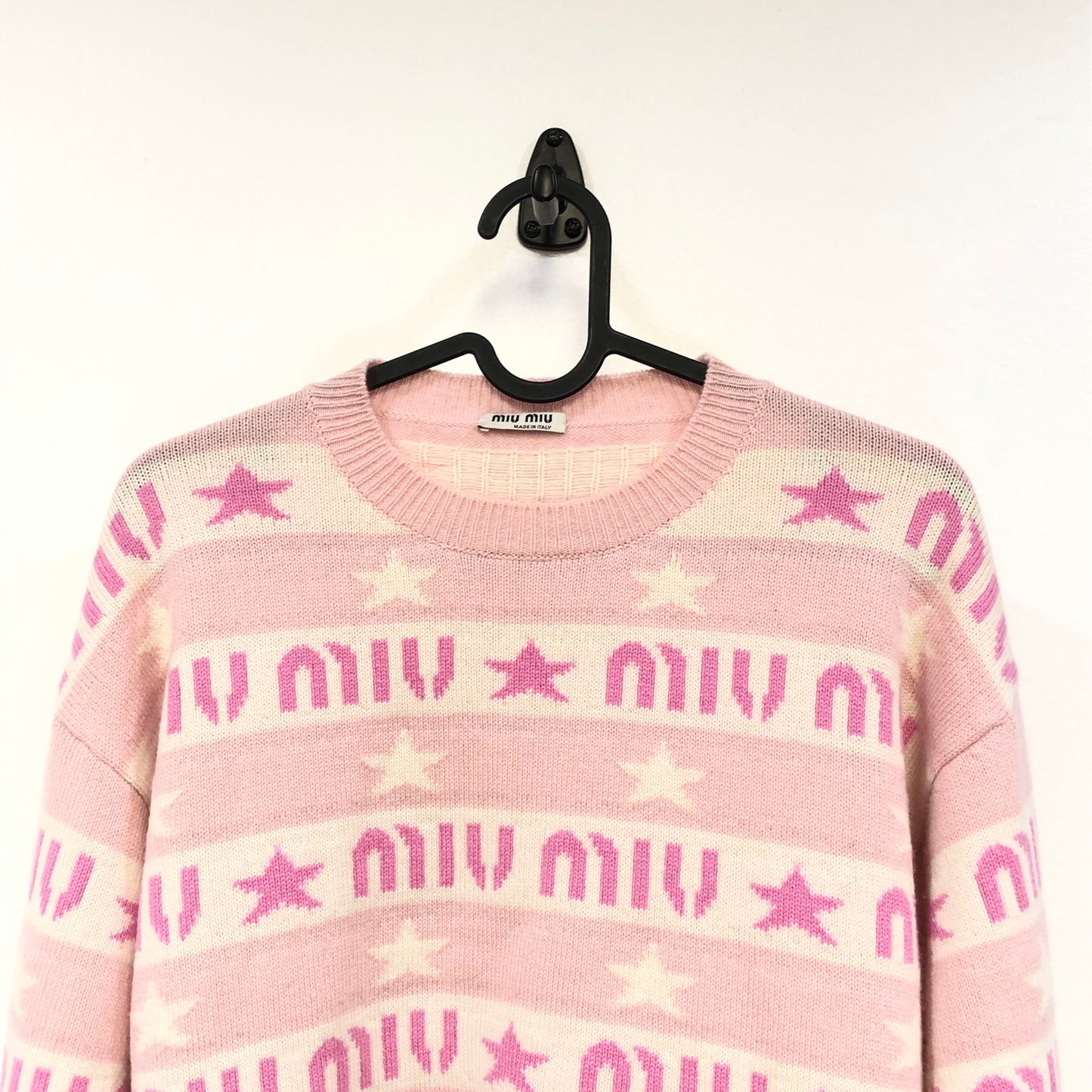 Miu Miu Pink White Star Logo Stripe Knit Sweater Size 36