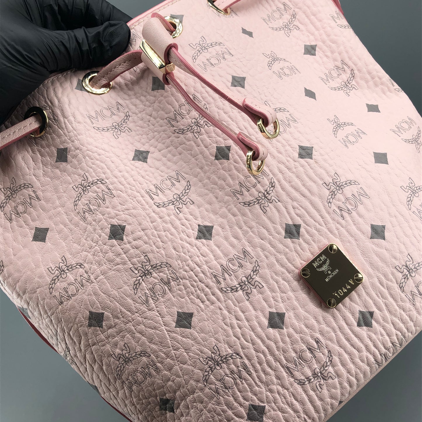 MCM Pink Visetos Print Drawstring Bucket Bag