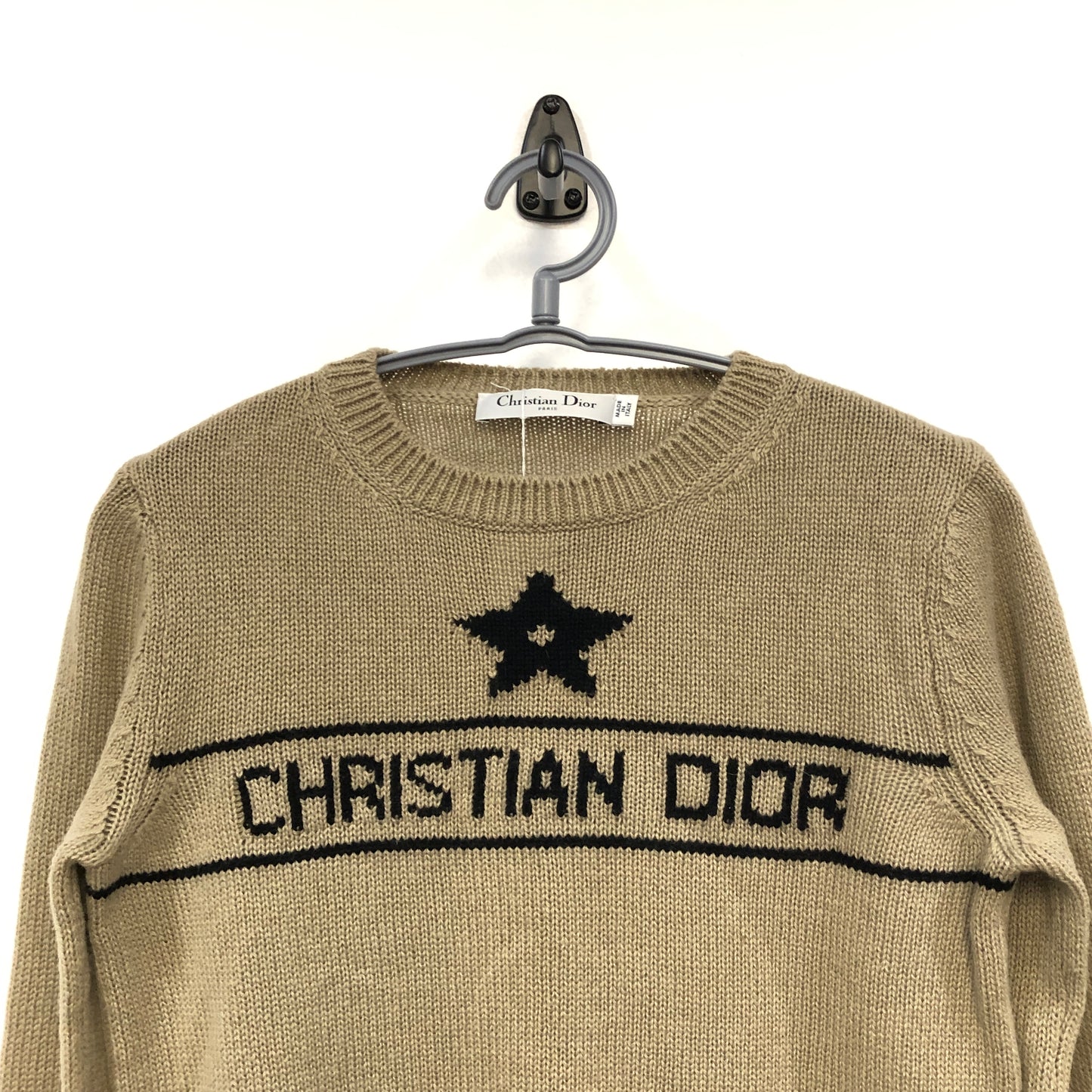 Christian Dior Beige Fine Knit Star Logo Crew Neck Sweater Size USA2