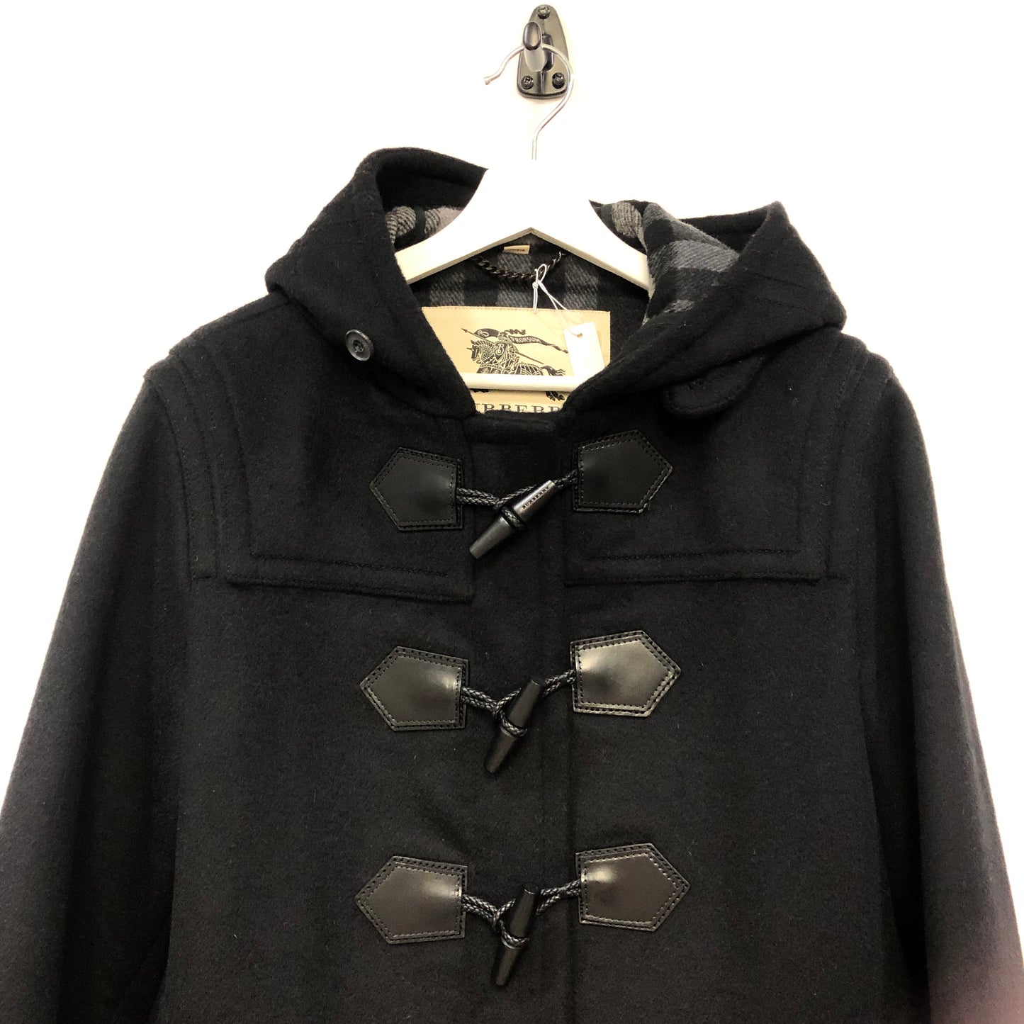 Burberry Black Wool Duffle Hooded Coat Size48