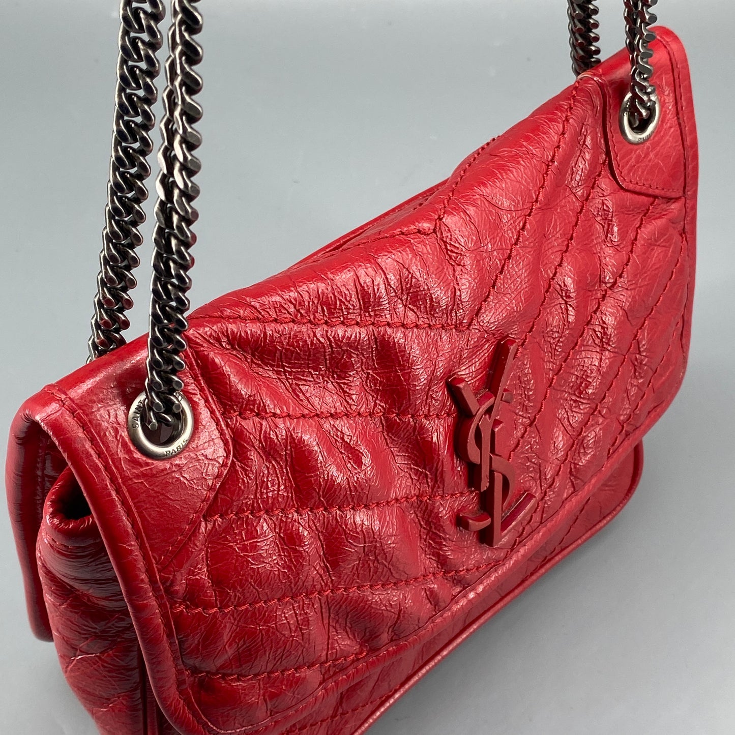 Saint Laurent Small Red Crinkled Leather Niki Chain Shoulder Bag