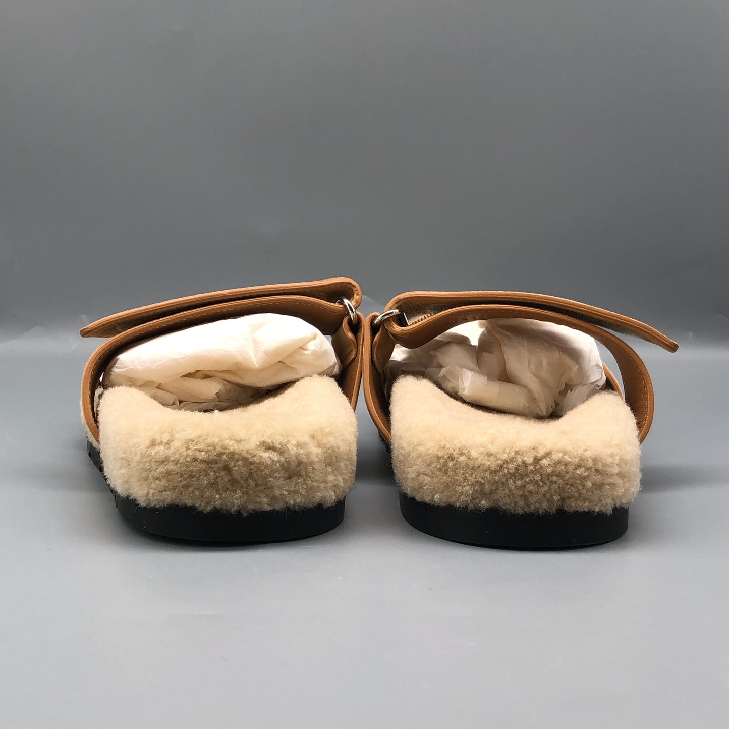 Hermes Tan Shearling H Slide Sandals Size 40 shoes