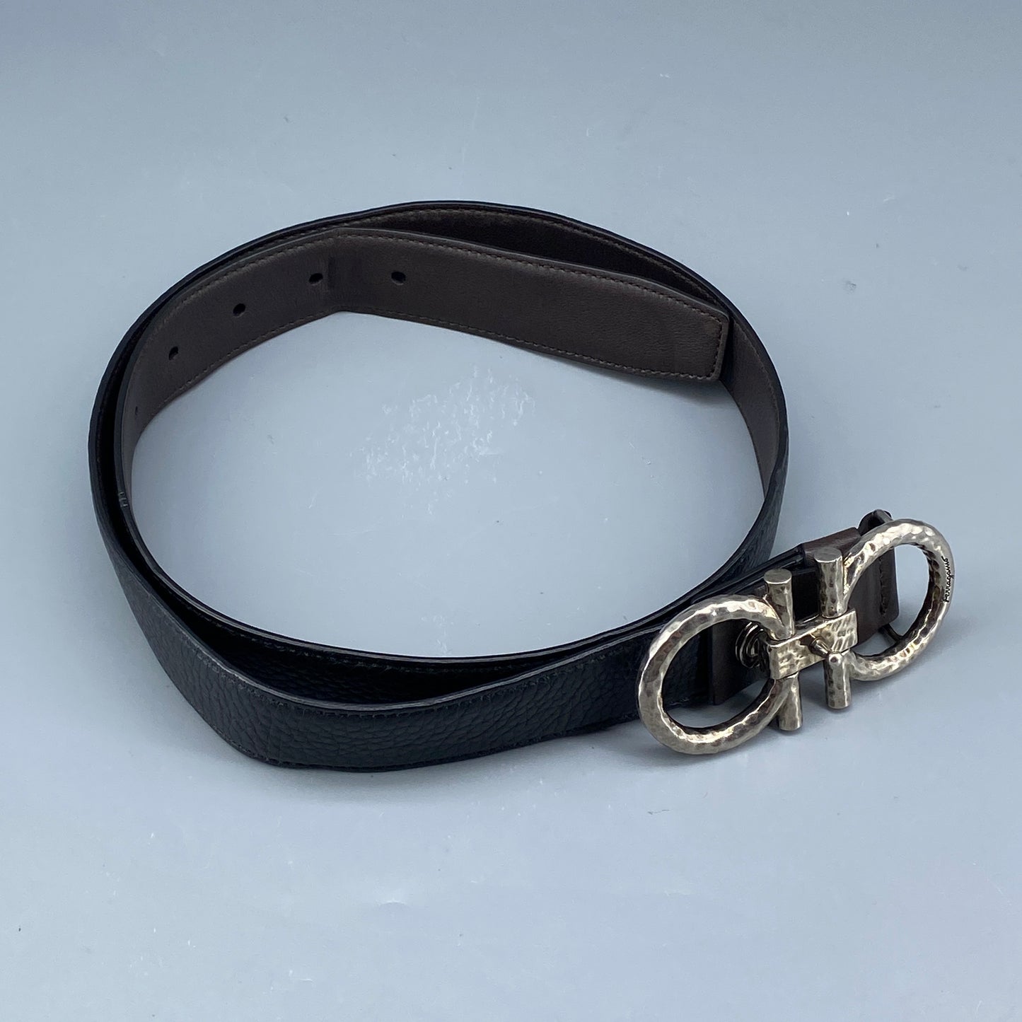 Ferragamo Black Leather Double Gancini Buckle Belt 95cm