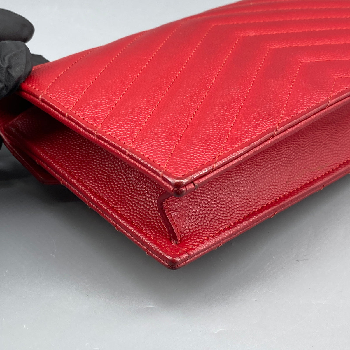 Saint Laurent Matelasse Chevron  Envelope Chain Wallet New Red