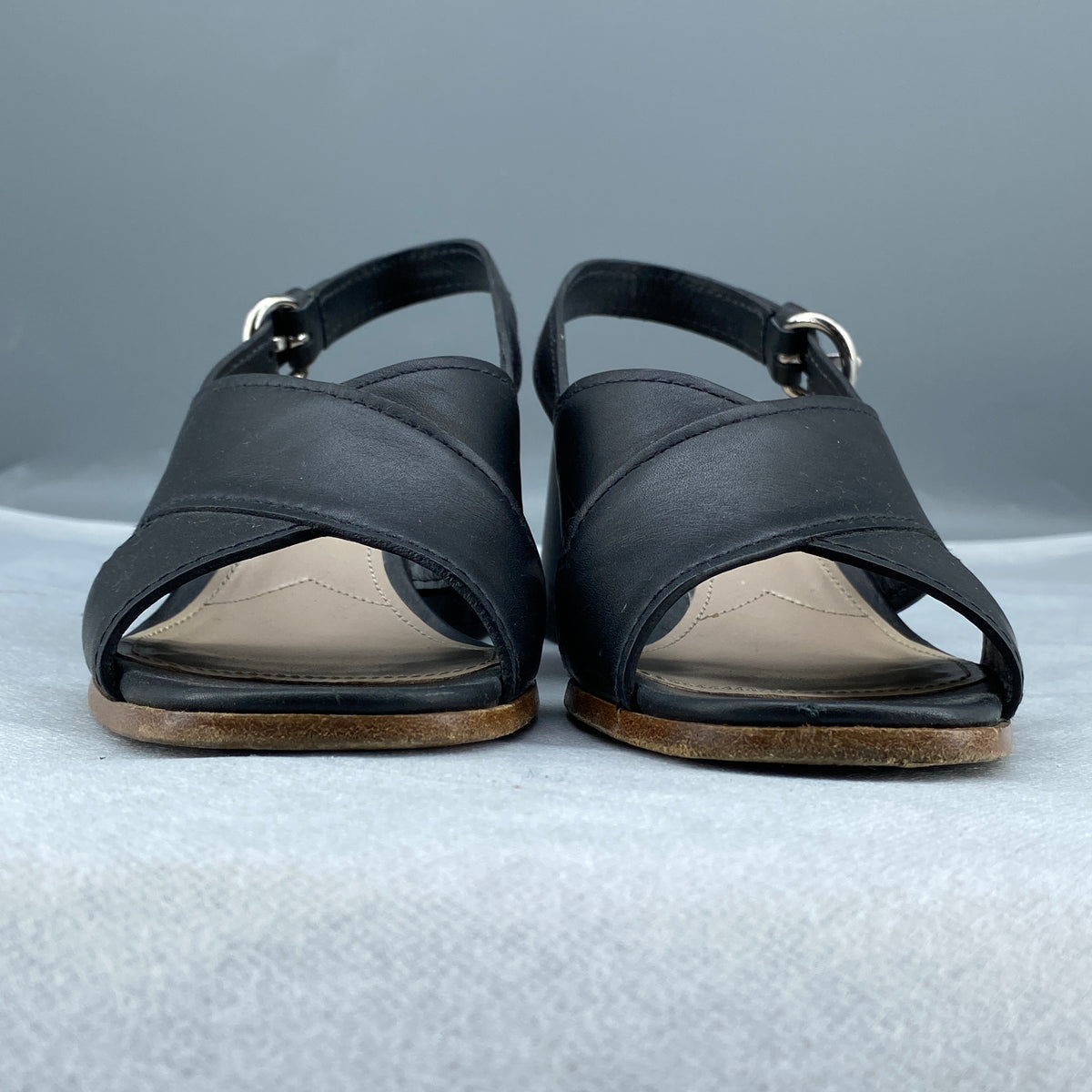 Prada Women's Black Leather Block Heel Slingback Sandal Size 35.5