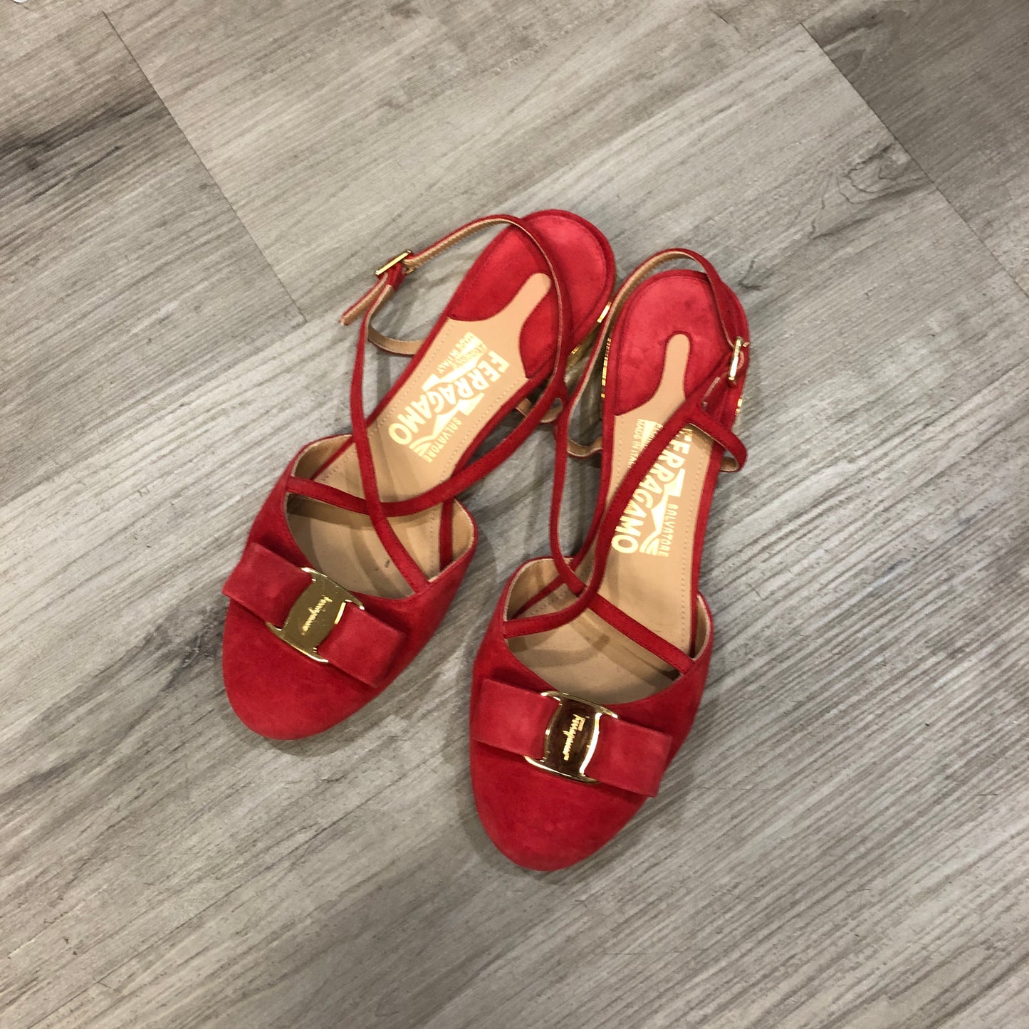 Salvatore Ferragamo Vara Red Suede Strappy Sandals Size 6B