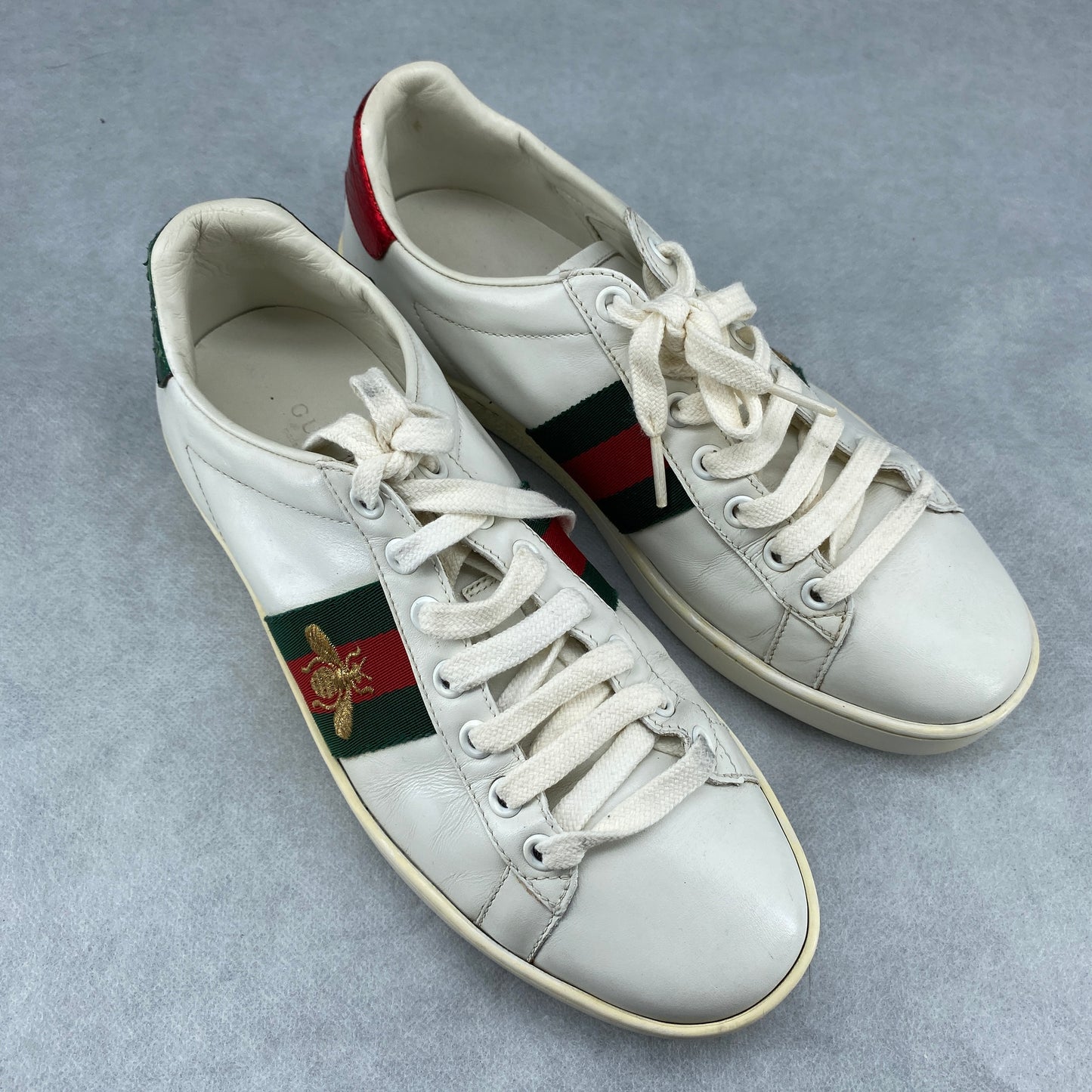 Gucci Women's White Leather Web Stripe Bee Embroidery Ace Low Top Sneakers Size 36.5