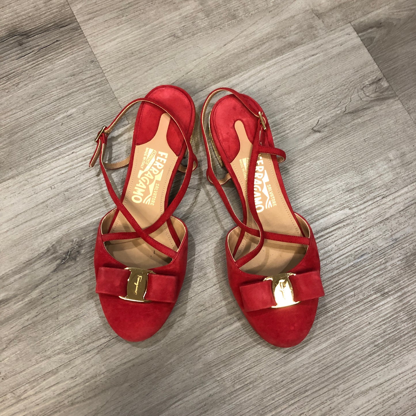 Salvatore Ferragamo Vara Red Suede Strappy Sandals Size 6B