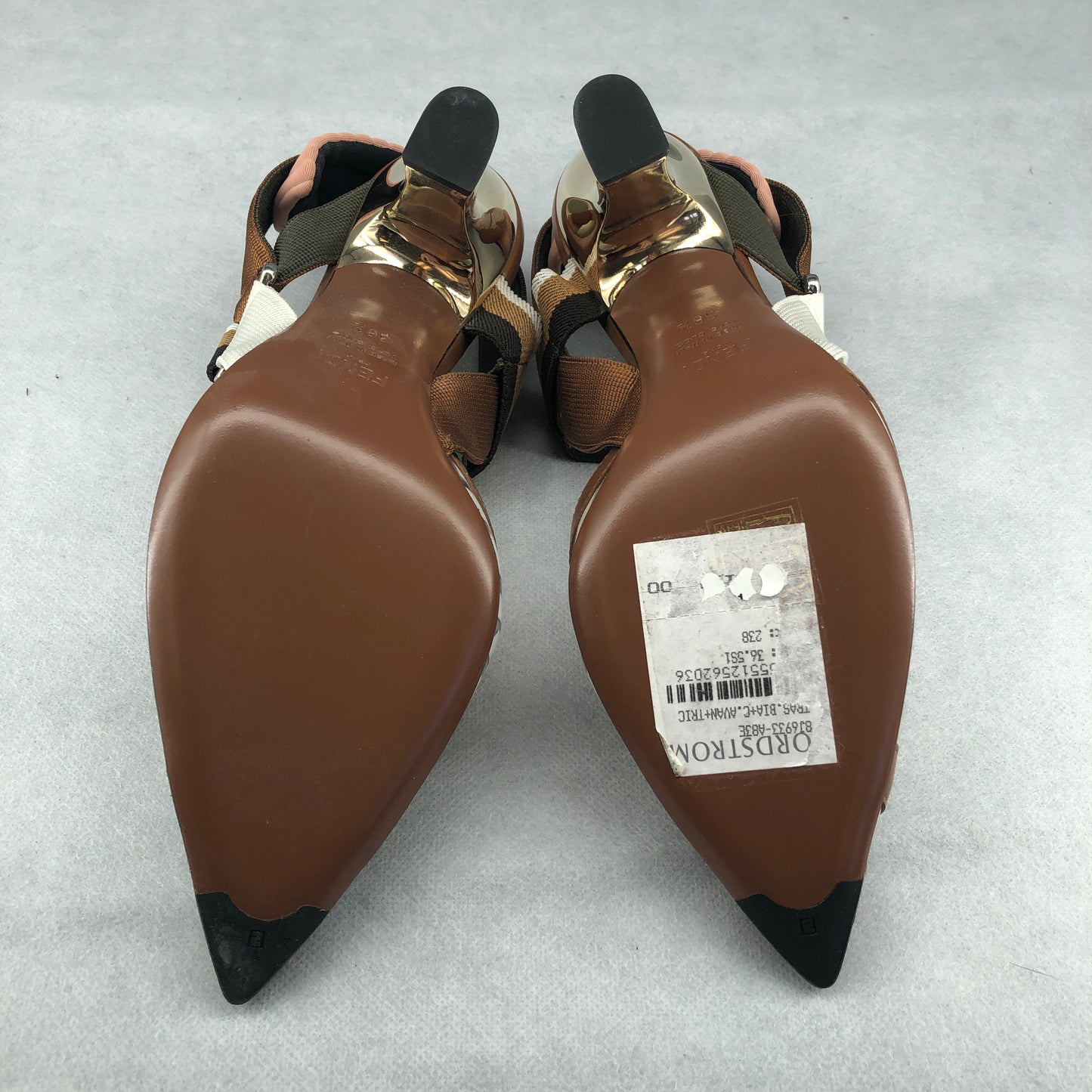 Fendi Logo Strap Pointed Toe Heels Size 36.5 Women Brown