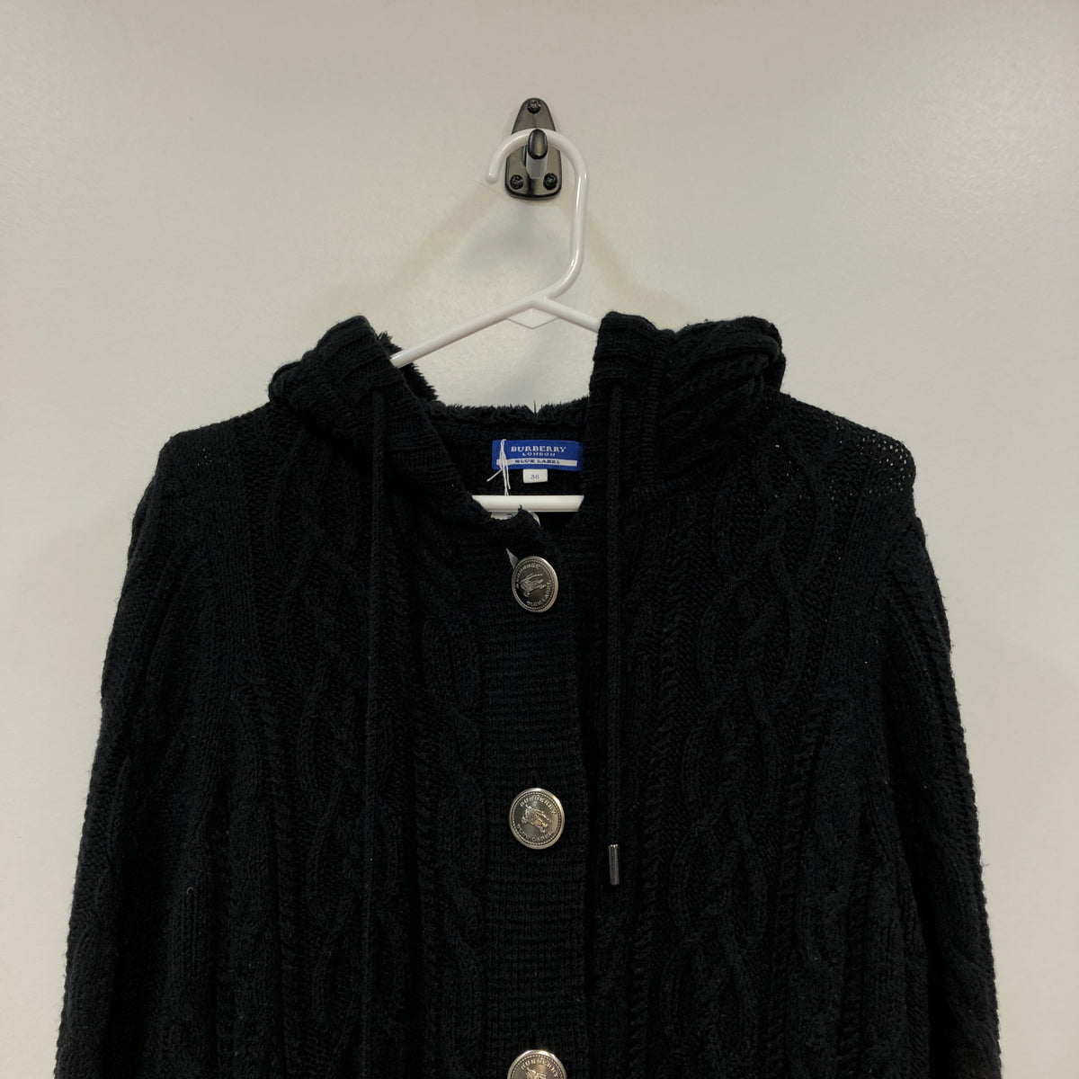 Burberry Black Cable Knit Hooded Cardigan Size 38