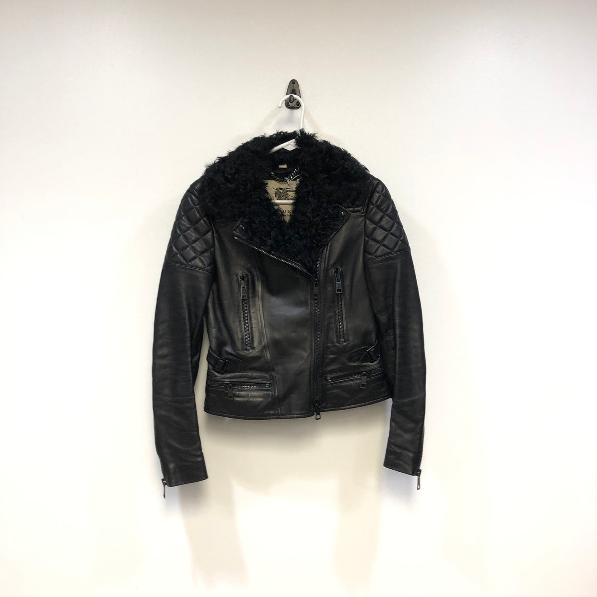 Burberry Black Shearling Collar Leather Biker Jacket US size 4