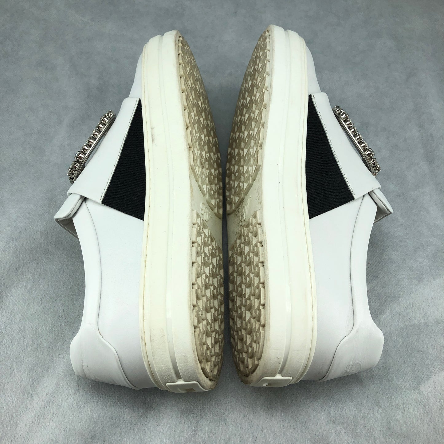 Roger Vivier White Calfskin Crystal Square Buckle Platform Slip-On Sneakers 37