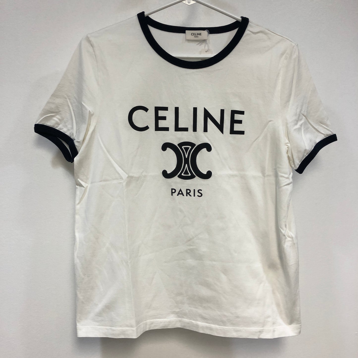 Celine White Triomphe Logo Ringer T-Shirt Size M