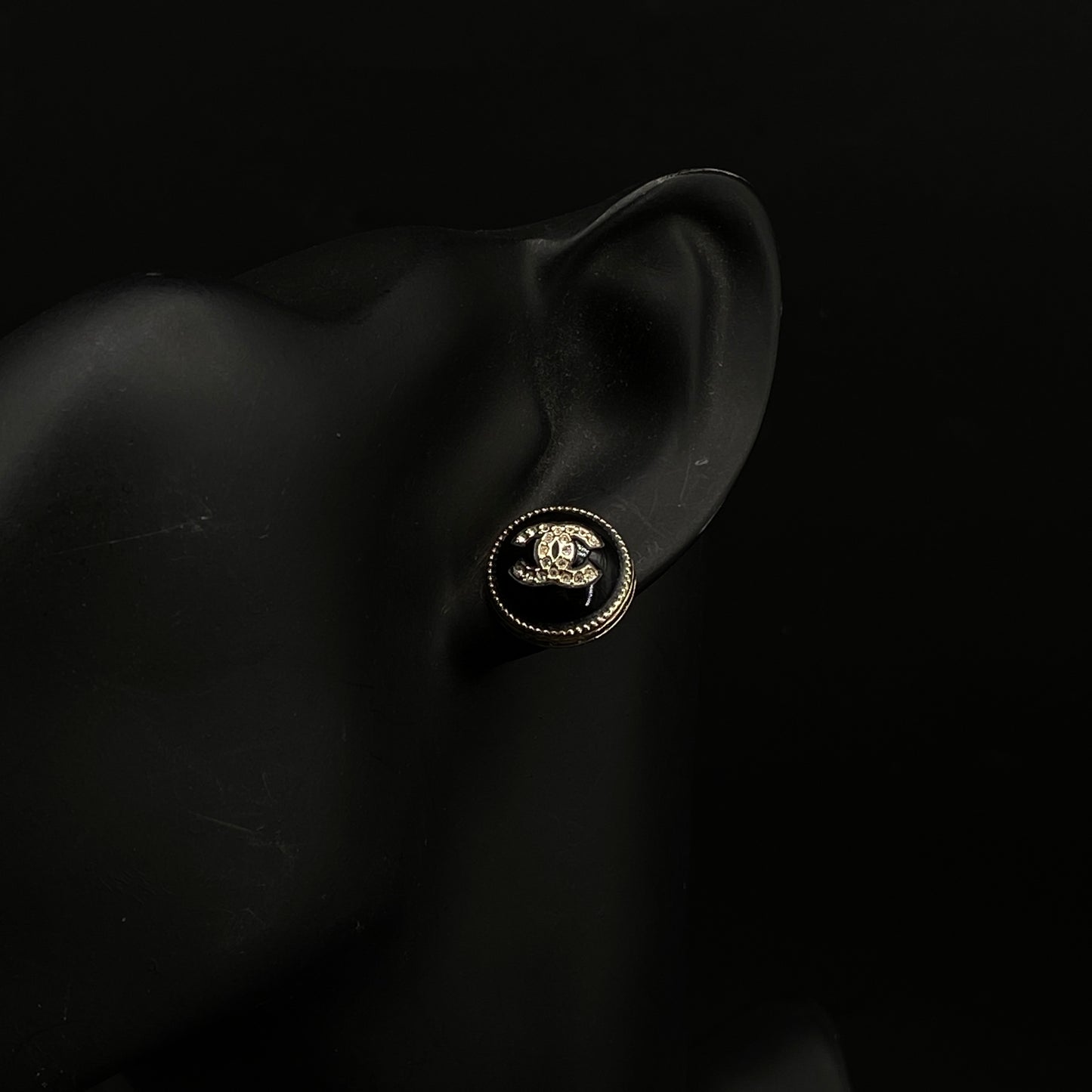 Chanel Black Enamel Gold Border Double C Round Stud Earrings