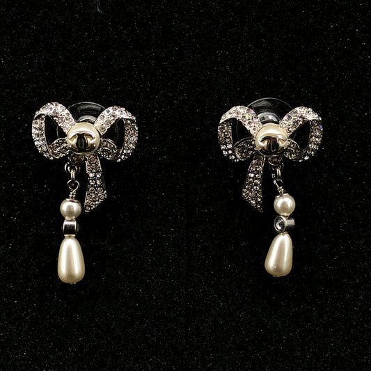 Chanel 2021 Silver-Tone Crystal & Pearl Bow Drop Earrings