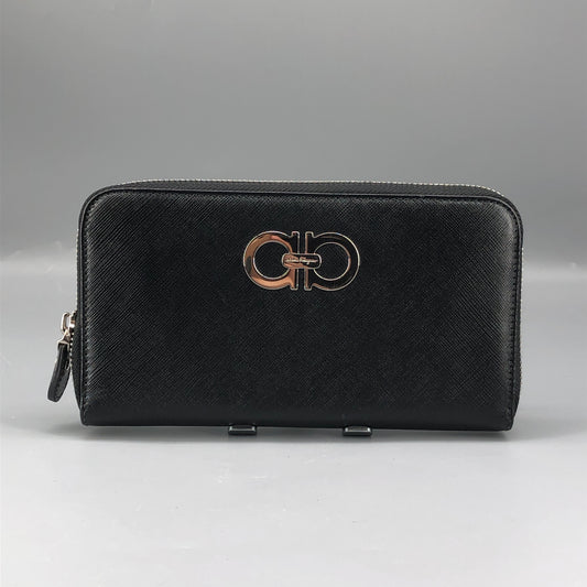 Salvatore Ferragamo Black Gancini Zip-Around Long Wallet