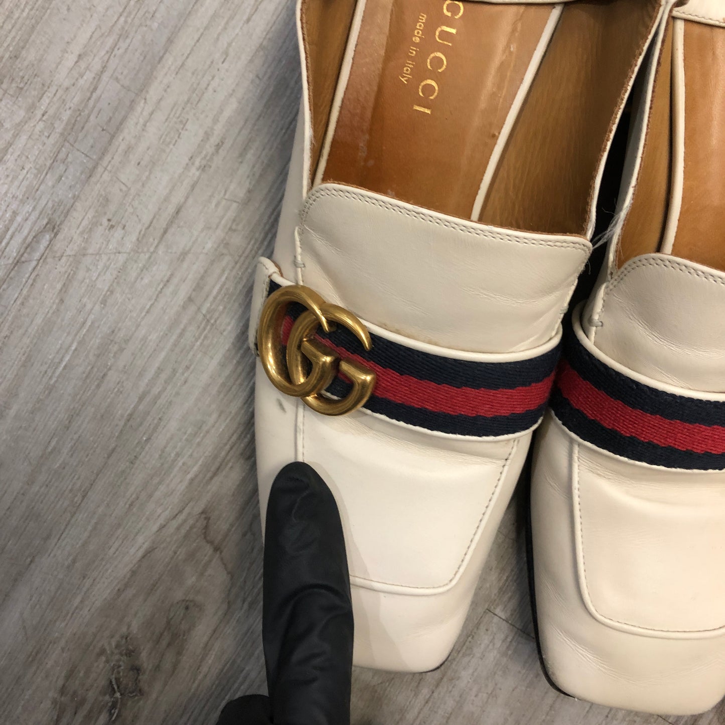 Gucci Women's Web Stripe Pearl Heel Mule Slip On Loafer Shoes 36.5 Cream Red Green