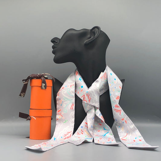Hermes Set of 2 Twilly Scarves Grey Multi-Color Print