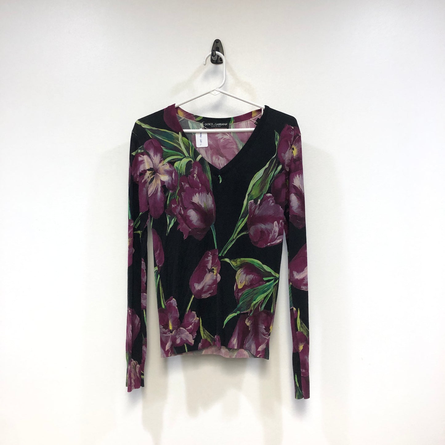 Dolce & Gabbana Black Purple Floral V‑Neck Long Sleeve Top 44